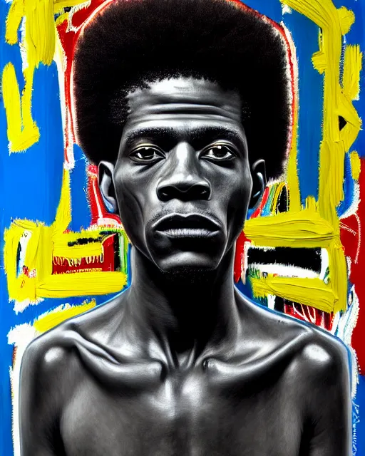 Prompt: A extremely ultra highly detailed majestic hi-res beautiful immaculate head and shoulders award winning painting stunning portrait masterpiece of the face of a strong black african man by Jean-Michel Basquiat, 8k, high textures, ultra hyper sharp, insanely detailed and intricate, super detailed, 8k HDR ultra high quality