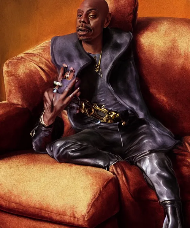 Image similar to dave chappelle, cinematic, as rick james, on a velvet couch, elegant, highly detailed, digital painting, artstation, smooth, hard focus, illustration, art by jessica rossier and and brian froud