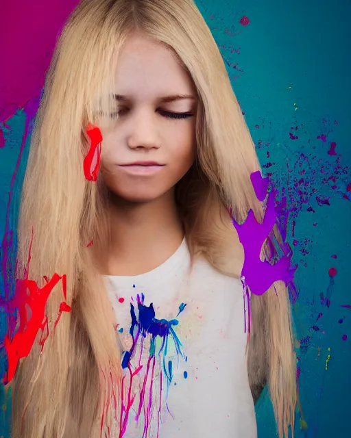Prompt: portrait photograph of a beautiful young girl with long blonde hair wearing a white t-shir. she is crying tears of flowing exploding colors, she looks sad, distraught. paint splatte, colorful tears, crayon tears, upset, pitiful, cinematic lighting, 4k, focused, photo realistic, highly detailed, 3d rendered