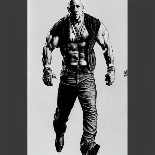 Image similar to Black and white drawing of Vin Diesel walking like a Italian model, highly detailed, sharp focus, manga panel, ArtStation, art by Hirohiko Araki