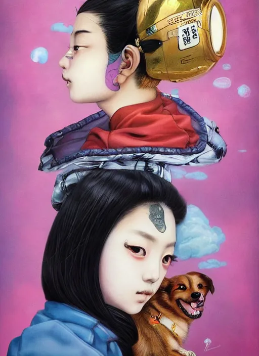 Image similar to beautiful portrait painting of an attractive young japanese lofi cyberpunk princess and her corgi, by Afarin Sajedi, Alessandro Barbucci, Alex Gross, Shin Jeongho, Shohei Otomo. trending on Artstation, 8k, masterpiece, face enhance, graffiti paint, fine detail, full of color, intricate detail, golden ratio illustration