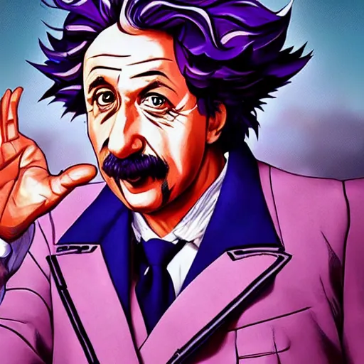 Image similar to Albert Einstein in Jojo\'s Bizarre Adventure, character art, Hirohiko Araki, masterpiece, beautiful, clean lines, dramatic pose, artstation, high detail face, high resolution scan, Hirohiko Araki, Hirohiko Araki, masterpiece