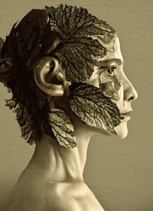 Image similar to a woman's face in profile, made of leaves skeleton, in the style of the Dutch masters and Gregory Crewdson, dark and moody