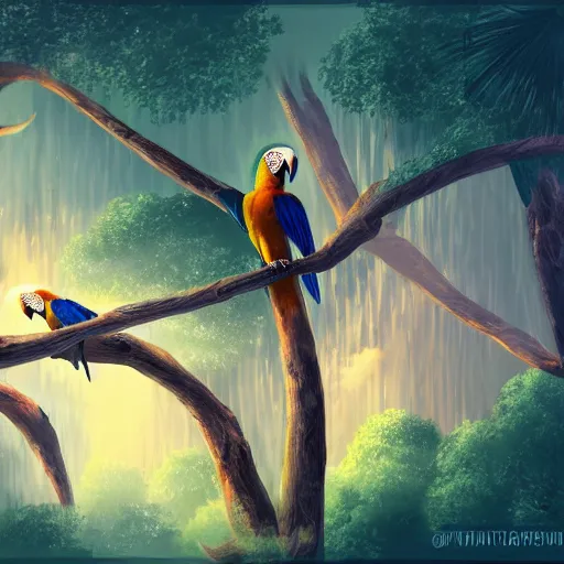 Prompt: gorgeous macaws flying at dawn through the forest get hit by beautiful light, amazon in the background, sentient bird, highly detailed, ethereal macaw, heavenly lighting, digital art, trending on art station