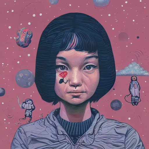 Image similar to wlop oil painting of a girl lost in space, mcbess, james jean