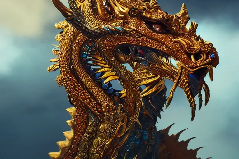 Prompt: cinematic closeup portrait of a golden dragon intricately decorated with colorful jewels, sandstorm, detailed textures, dramatic lighting, unreal engine, cgsociety, artstation, 4k