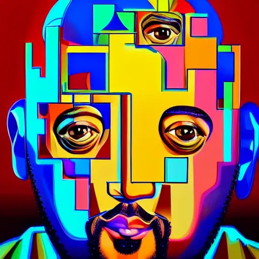 Image similar to ultra realistic portrait of dj khaled in a studio, ultra detailed, under blue, red and yellow cinematic lighting, salvador dali, cartoon, monument valley, escher