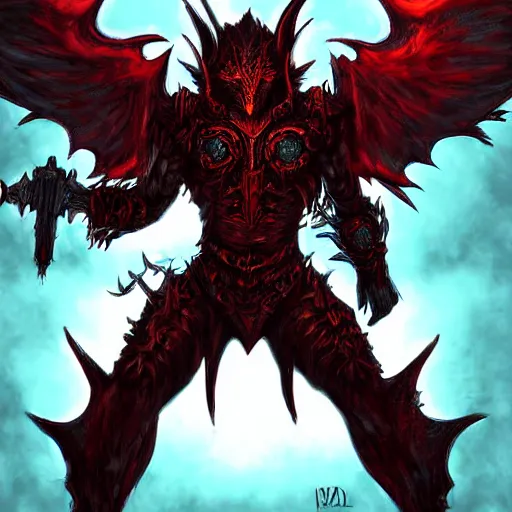 Prompt: demon with fiery wings wearing armor, grimdark, digital art, detailed