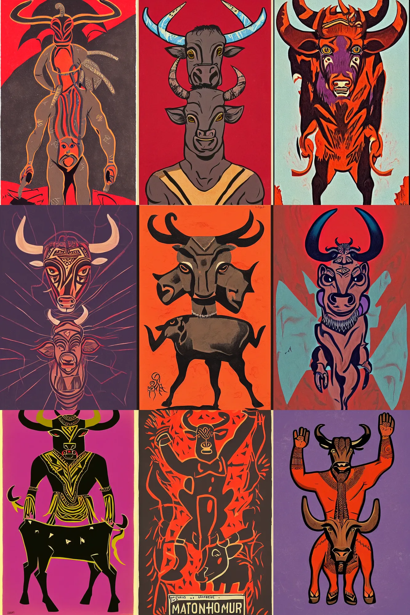 Prompt: a shaded painted full body illustration of a male minotaur with glowing tribal skin markings in a dark cave environment with a bovine head, painterly, detailed, art - deco, red and purple palette : : 0. 3 by 1 9 6 0 ’ s advertising art, stylized, propaganda art, rule of thirds, beautiful