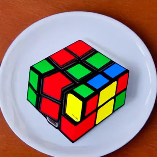 Image similar to a rubix cube on a plate on a table, drawn like a child