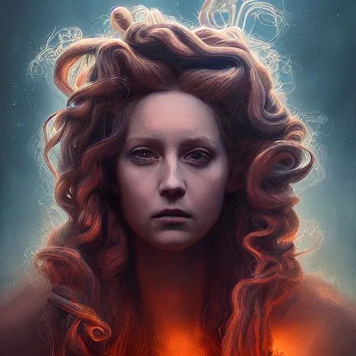 Image similar to Mythical petrifying Medusa portrait, atmospheric lighting, painted, intricate, volumetric lighting, beautiful, rich deep colors masterpiece, golden hour, sharp focus, ultra detailed, by Leesha Hannigan, Ross Tran, Thierry Doizon, Kai Carpenter,Ignacio Fernández Ríos