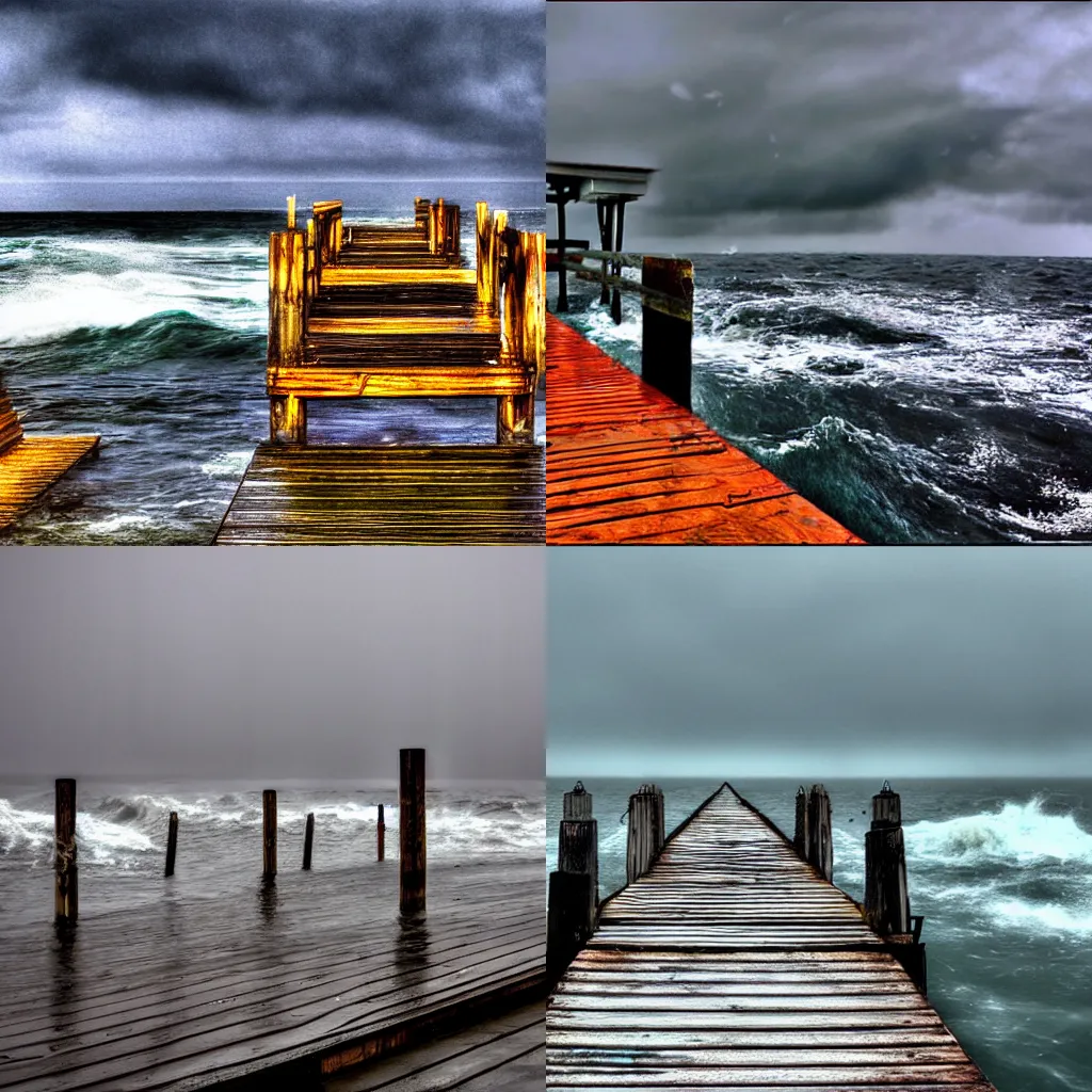 Prompt: dock of a harbor with rough seas and rain, s, High definition, detailed,