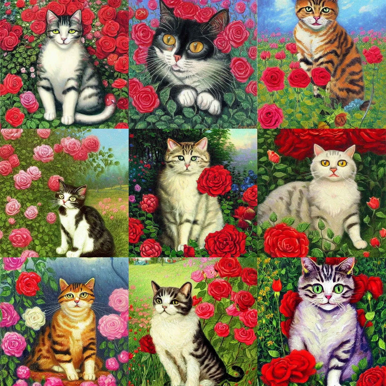Prompt: a painting of a cat sitting in a field of roses, a fine art painting by louis wain and thomas kinkade, pinterest, gothic art, detailed painting, enchanting, whimsical