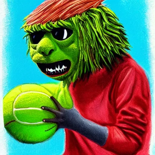 Image similar to a tennis ball monster ,tennis ball, chalk, digital art, fantasy, magic, trending on artstation, ultra detailed, professional illustration by Basil Gogos