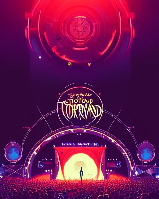 Image similar to tomorrowland, hyper - realistic portrait of a man in a hoodie, in the center of a stage of a music festival, intricate, 4 k, by atey ghailan, by greg rutkowski, by greg tocchini, by james gilleard, by joe fenton, by kaethe butcher, dynamic lighting, lighting color scheme, sharp focus, grunge aesthetic