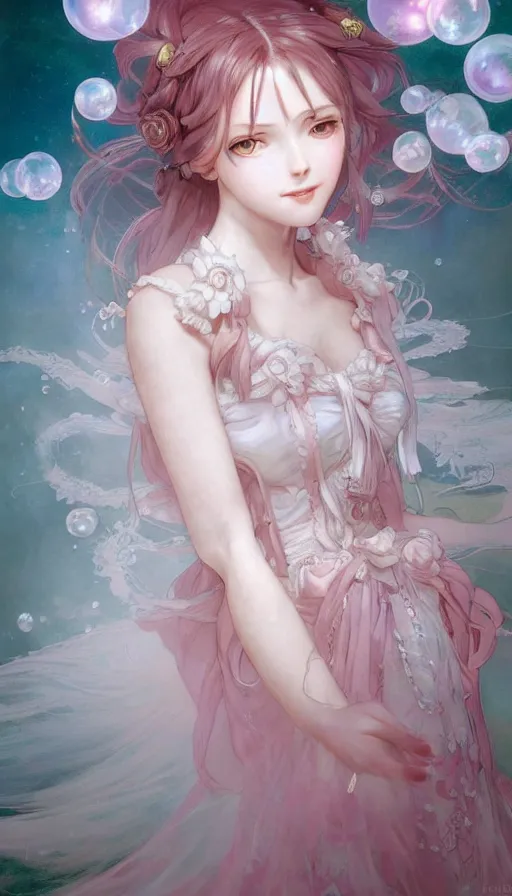 Image similar to portrait of madoka magica, dreamy and ethereal, expressive pose, big pink eyes, peaceful expression, ornate frilly dress, fantasy, intricate, elegant, many rainbow bubbles, rose tones, highly detailed, digital painting, artstation, concept art, smooth, sharp focus, illustration, art by artgerm and greg rutkowski and alphonse mucha