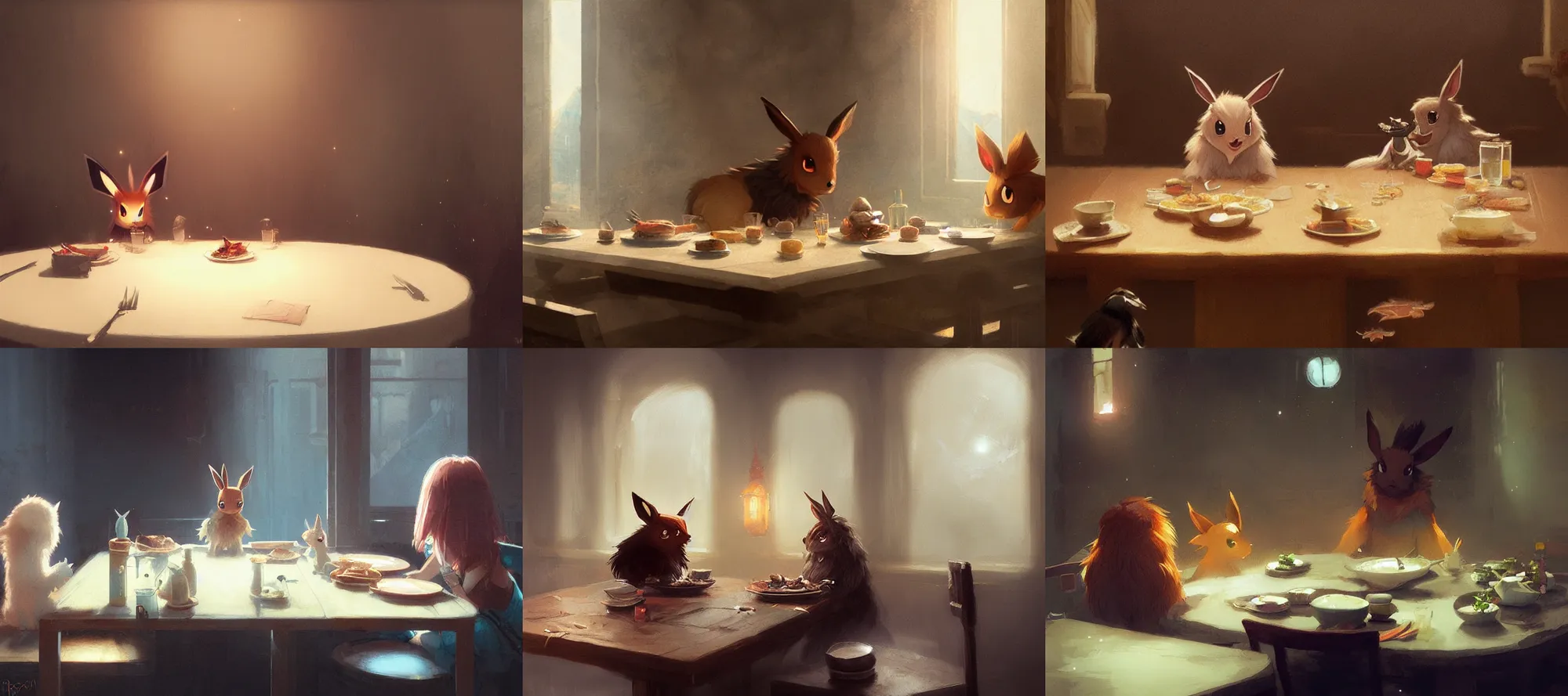 Prompt: eevee eating dinner at a table happiness is temporary by greg rutkowski