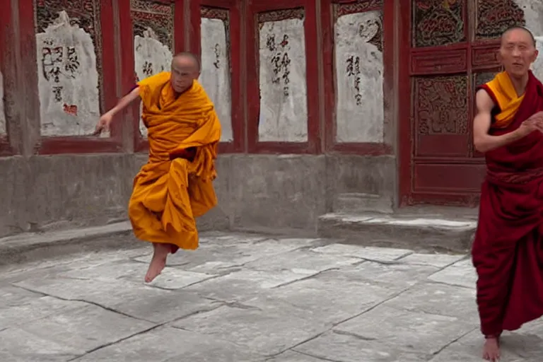 Image similar to VFX movie of a Tibetan monk dancing with fire in a Chinese courtyard by Emmanuel Lubezki