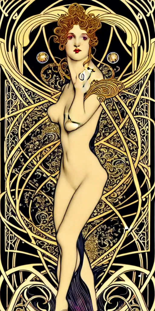 Prompt: the source of future growth dramatic, elaborate emotive Art Nouveau styles to emphasise beauty as a transcendental, seamless pattern, symmetrical, large motifs, 8k image, supersharp, metallic reflective surfaces, glittery iridescent and black colors with gold accents, perfect symmetry, Art nouveau curves and swirls, iridescent, pearlescent, High Definition, sci-fi, Octane render in Maya and Houdini, light, shadows, reflections, photorealistic, masterpiece, smooth gradients, high contrast, 3D, no blur, sharp focus, photorealistic, insanely detailed and intricate, cinematic lighting, Octane render, epic scene, 8K