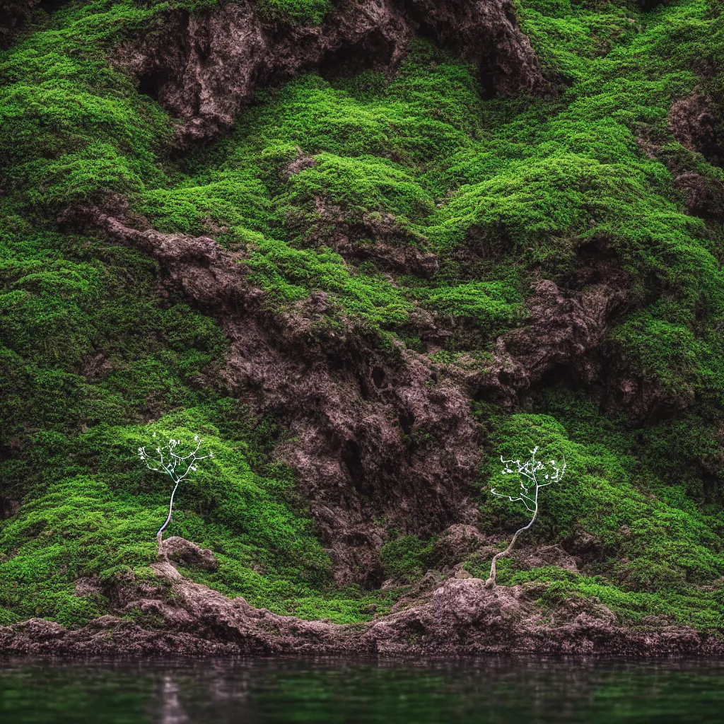 Image similar to long shot of a tiny tree on an island in a river in an underground cave. fantasy magic style. highly detailed 8 k. intricate. lifelike. epic. movie poster. soft light. sony a 7 r iv 5 5 mm. cinematic post - processing