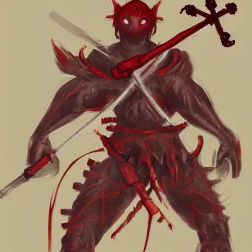 Image similar to a red scaly warrior with a cross for eyes, Character design, concept art