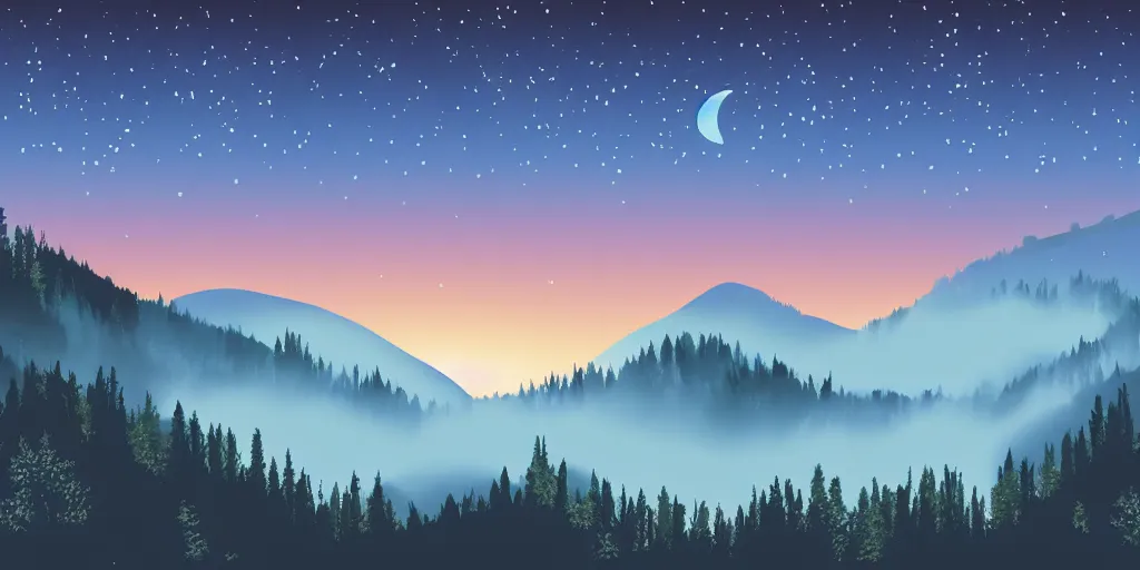 Prompt: Vector illustration of a beautiful dark blue mountain landscape with fog and forest. sunrise and sunset in the mountains