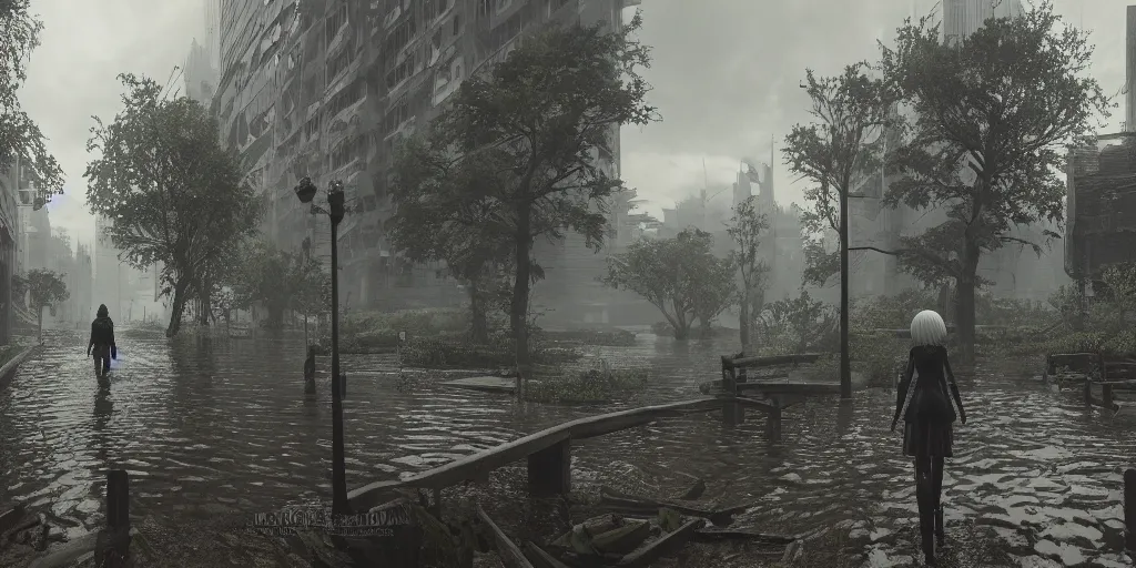 Image similar to nier automata yorha type 2 b walking in post apocalyptic flooded city, city ruins rainy melancholy day, lots of trees, dense vegetation, unreal engine, cryengine, epic engine, volumetric lighting, ray tracing, rtx on, exposure, god rays, overcast, ambient lighting, blooming flowers, 3 d render, cinematic, subtle, moderate saturation