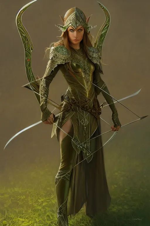 Image similar to male elven Archer armor made of green leaves, fantasy, amber eyes, face, long hair, intricate, elegant, highly detailed, digital painting, artstation, concept art, smooth, sharp focus, illustration, art by artgerm and greg rutkowski and alphonse mucha