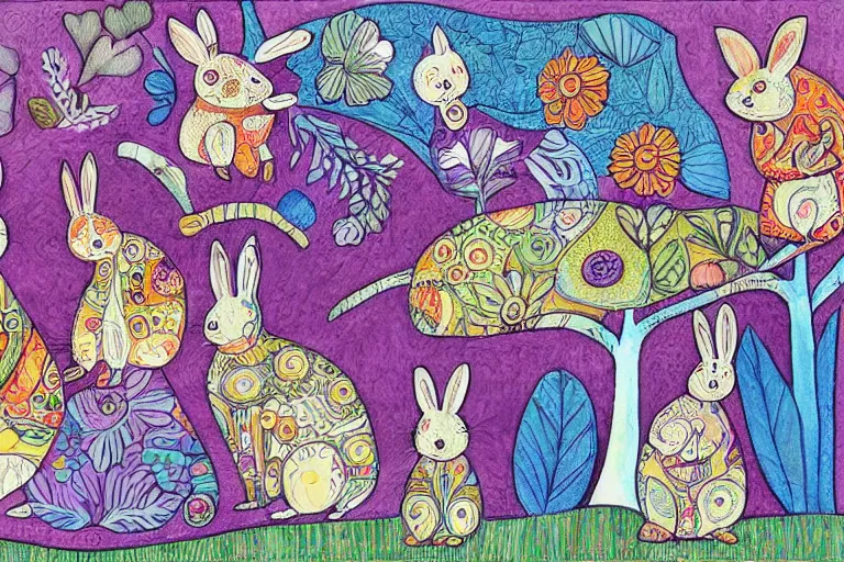 Image similar to beautiful art illustration of a group of rabbits by laurel burch, highly detailed