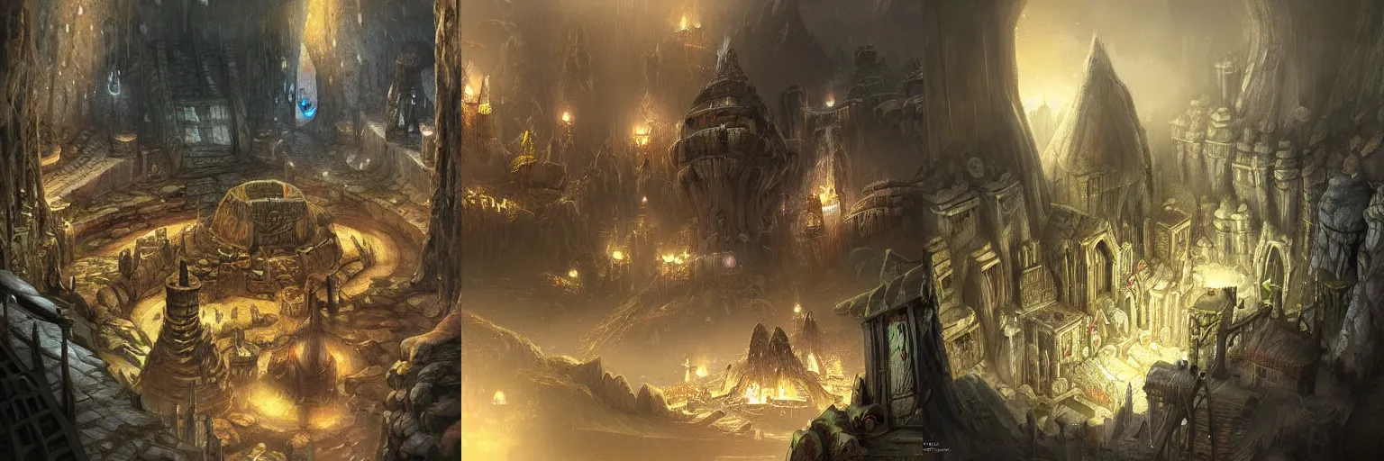 Prompt: An underground city of dwarves, fantasy concept art, detailed, atmospheric