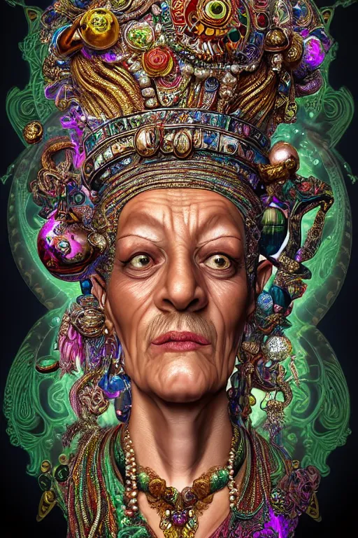 Image similar to maximalist detailed wise old genie portrait by adoryanti, machine. delusions, holosomnia, electrixbunny, rendered in discodiffusion. decorated with pearls and gems, behance hd. by andrei riabovitchev, tomasz alen kopera, oleksandra shchaslyva igor goryunov artgerm. ray tracing hdr polished sharp