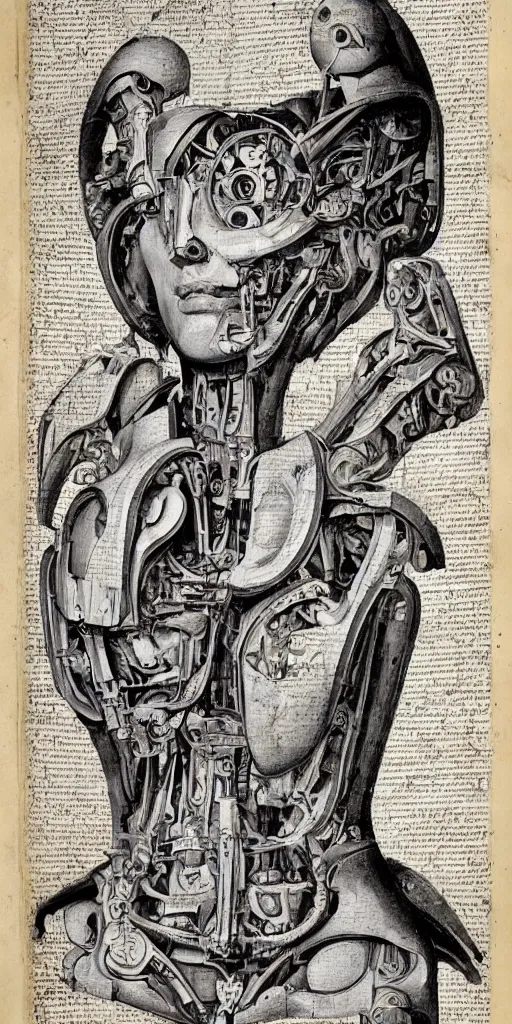 Prompt: 1400s detailed concept art in correct Renaissance style illustration of a frontal blueprint of the autopsy of a beautiful female mecha cyborg girl by Alexandre Ferra and Mario Testino patent illustration, classical texts and annotations , anatomy of a robot, attractive::3, charming, attractive body, decay, anatomically correct, mathematics and geometry, desaturated, 8K matte, poor lighting, concept art by Pieter Huys