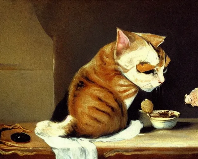 Image similar to cat eating an ice cream, painting by fransisco goya