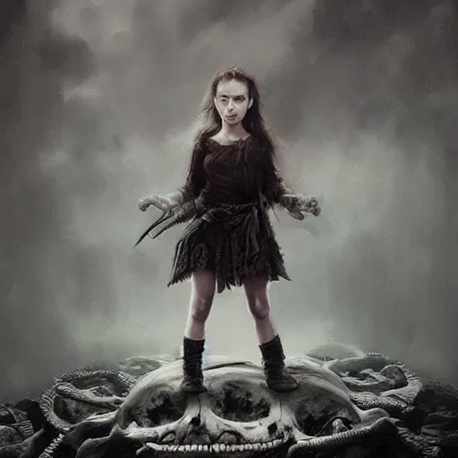 Prompt: a beautiful little girl standing on a lot of skulls, sadness, natalie portman, pigtails hairstyle, dark fantasy, high detailed, concept art, sharp focus, illustration