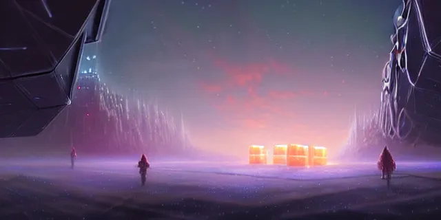 Image similar to a fleet of giant glowing futuristic cubes tied to each other with chains in the sky, a fantasy magical landscape seen in the distance, atmospheric lighting, intricate, volumetric lighting, beautiful, sharp focus, ultra detailed, in the art style of marc simonetti, bowater charlie and brom gerald, astrophotography