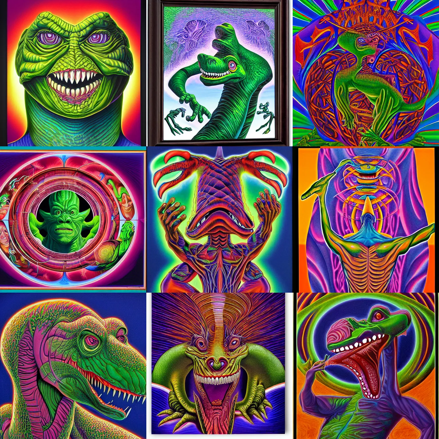 Prompt: barney the dinosaur by alex grey