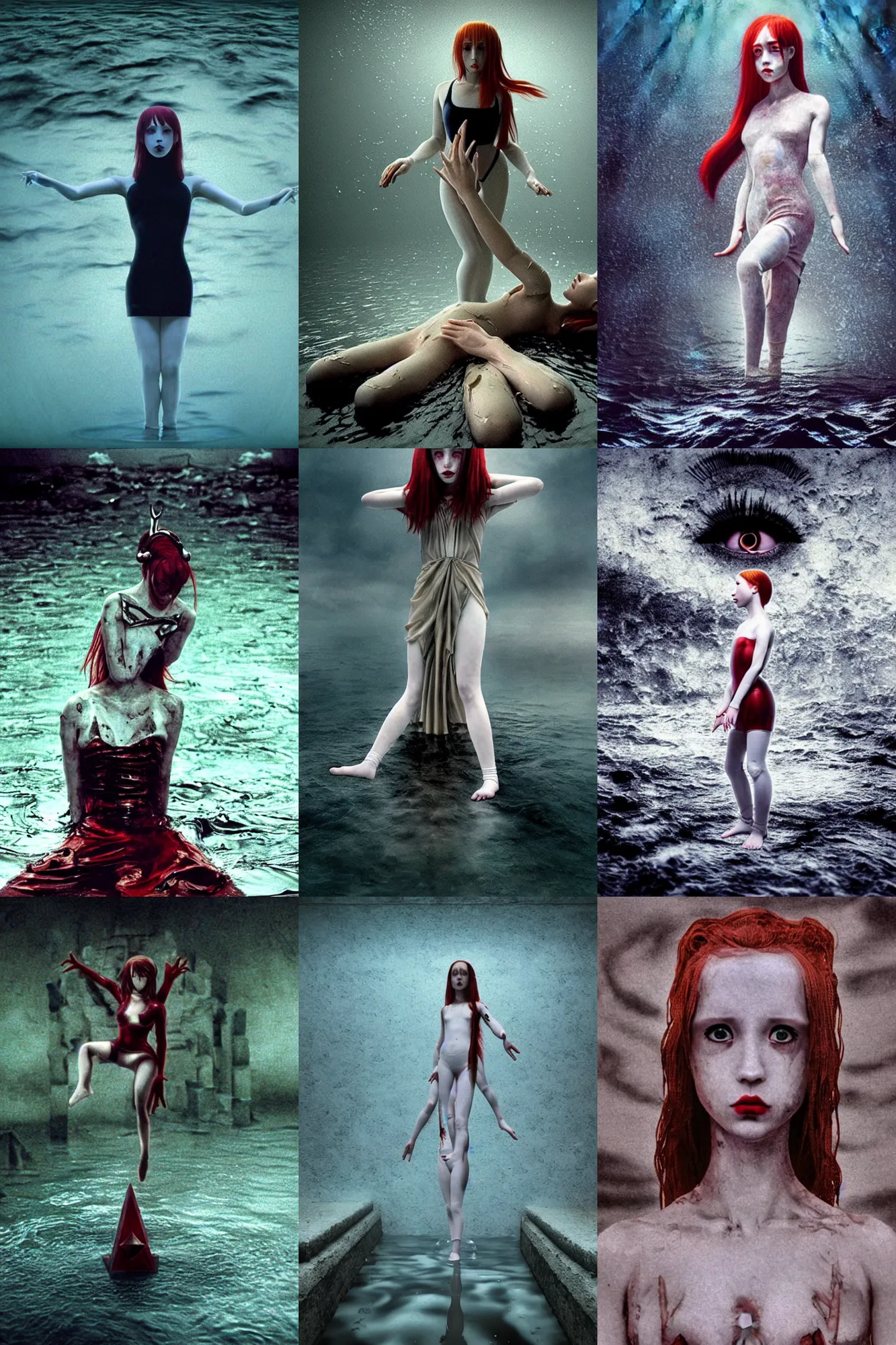 Prompt: Demonic masonic Holly Herndon style occult hyperrealism cinematic seinen manga Fashion style tomb(1997) movie still, submerged temple scene, , pointé pose;pursed lips, athletic, terrified 👿 , eye contact,harajuku hair, wearing 🔥 mercury Balenciaga dress ,specular highlights, half submerged in heavy oil flood, oil to waist, , ,eye contact, ultra realistic, tilt shift background, Panavision Panaflex X III , Technicolor, 8K, 35mm lens, three point perspective, chiaroscuro, highly detailed, devine composition golden ration,by Allister Crowley, by moma, by Nabbteeri by Sergey Piskunov
