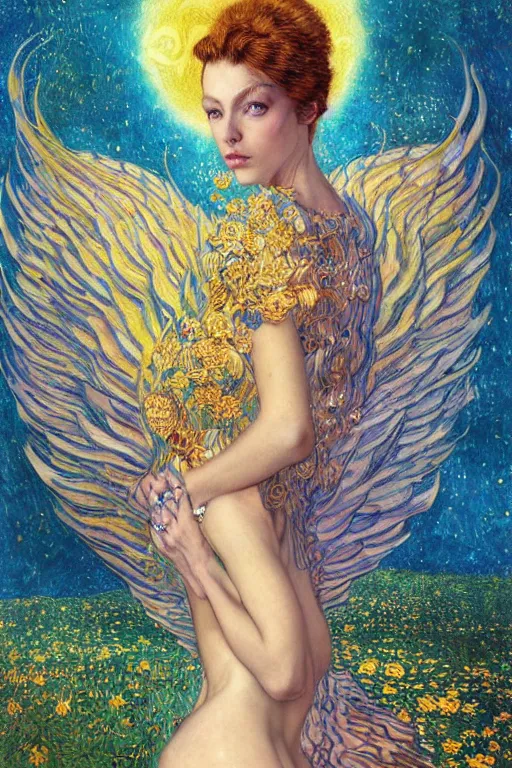 Image similar to Visions of Paradise by Karol Bak, Jean Deville, Gustav Klimt, and Vincent Van Gogh, visionary, otherworldly, fractal structures, infinite angel wings, ornate gilded medieval icon, third eye, spirals, heavenly spiraling clouds with godrays, airy colors, feathery wings