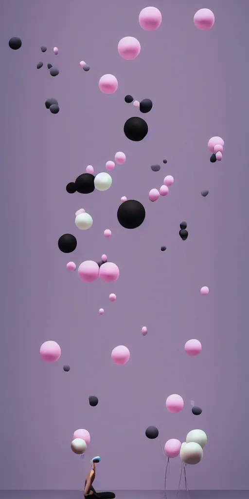 Image similar to 3d matte render, mannequins, dj rave party, Hsiao-Ron Cheng, balloons, pastel colors, hyper-realism, pastel, polkadots, minimal, simplistic, amazing composition, vaporwave, wow, Gertrude Abercrombie, Beeple, minimalistic graffiti masterpiece, minimalism, 3d abstract render overlayed, black background, psychedelic therapy, trending on ArtStation, ink splatters, pen lines, incredible detail, creative, positive energy, happy, unique, negative space, pure imagination painted by artgerm