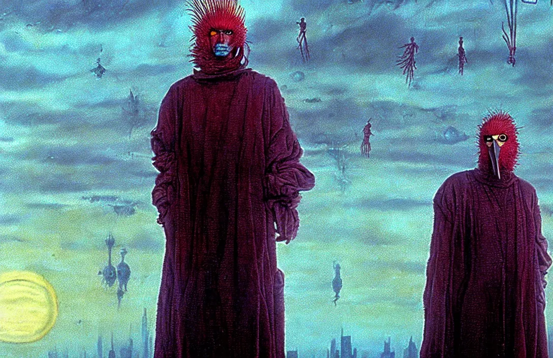 Prompt: extremely detailed portrait film shot of a birdman wearing dark ragged robes, scifi city sunrise landscape background by denis villeneuve, amano, yves tanguy, ernst haeckel, max ernst, roger dean, ridley scott, dramatic closeup composition, rich moody colours, blue eyes