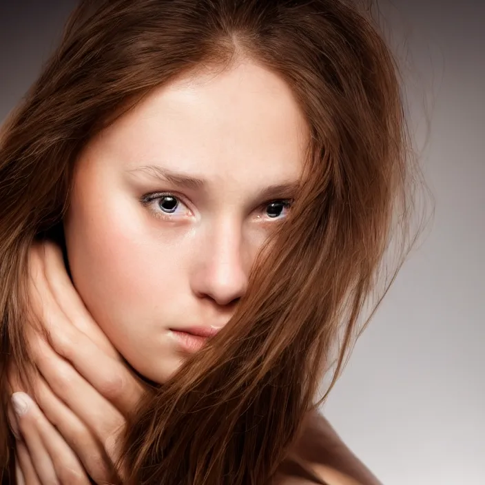 Image similar to photographic Close-up face of a extremely beautiful girl with light brown hair , high light on the left, non-illuminated backdrop, illuminated by a dramatic light, Low key lighting, light dark, High constrast, dramatic , Steve Mccurry, Greg Rutkowski, Alphonse Mucha ,dark background, high quality, photo-realistic, 8K,