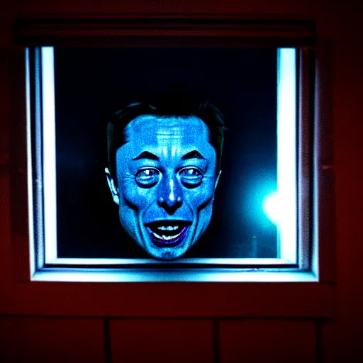 Image similar to dark photo of dark blue rainy bedroom window at night, dimly lit creepy ( ( ( ( ( contorted distorted ) ) ) ) ) screaming face of elon musk staring in through the window, horror, scary face, demonic face,