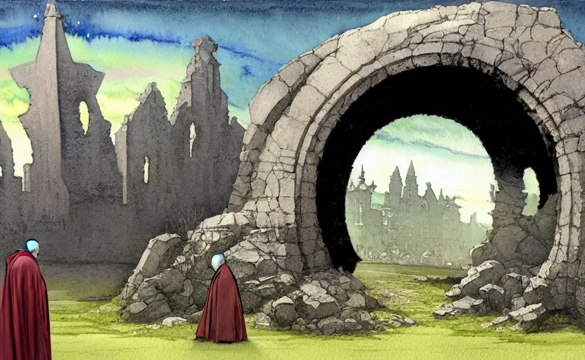 Image similar to a hyperrealist watercolour concept art of a dimensional time portal in the shape of a ruined arch. a medieval monk in grey robes is in the foreground. a ufo is in the background. very muted colors, post grunge, by rebecca guay, michael kaluta, charles vess and jean moebius giraud. high detail, hq, wide shot, 4 k