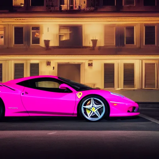 Image similar to a photograph of a pink ferrari parked in a parking spot at night with the lights on