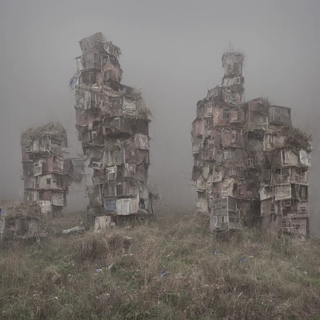 Image similar to two towers, made up of makeshift squatter shacks with pastel colours, uneven dense fog, dystopia, mamiya rb 6 7, fully frontal view, very detailed, photographed by jeanette hagglund