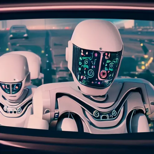 Image similar to film still of 'Los Angeles Robot Future' (2045). Car chase scene. Sigma 85mm f/8