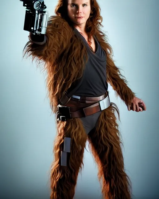 Prompt: photoshoot of han solo as a sexy thirty year old woman, female han solo, studio lighting, millennium falcon, chewbacca, photoshoot in the style of annie leibovitz