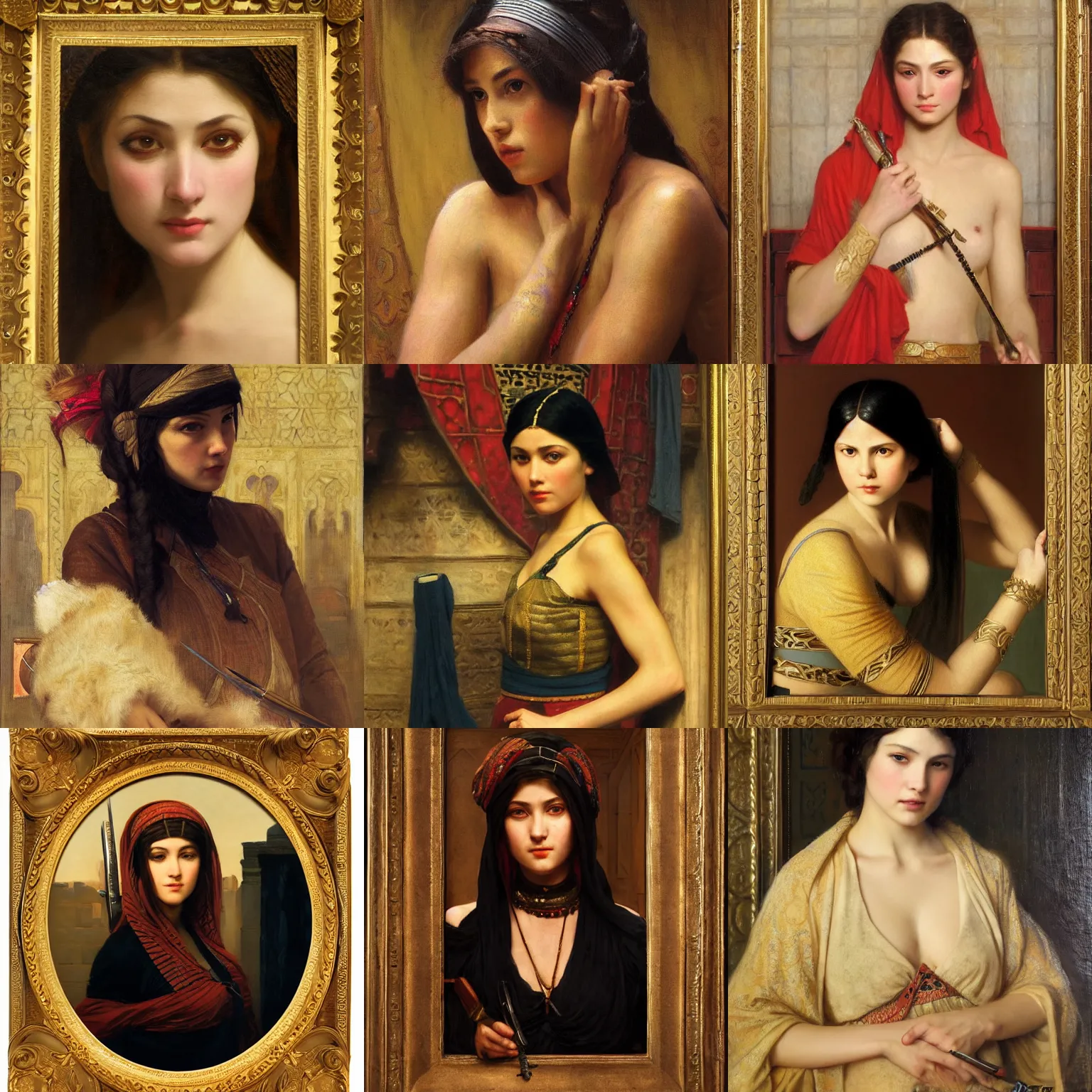 Prompt: orientalism portrait of a cute female assassin by Edwin Longsden Long and Theodore Ralli and Nasreddine Dinet and Adam Styka, masterful intricate artwork. Oil on canvas, excellent lighting, high detail 8k