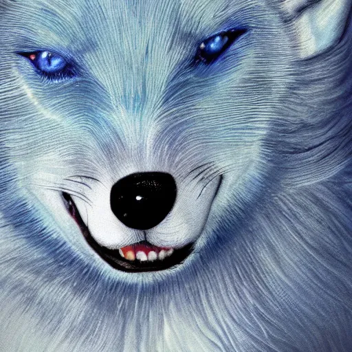 Prompt: pale blue wolf, pale green handkerchief, dark blue hair, dark blue spots, black nose, happy smile having fun, beige ears, beige mane, hyperrealistic, photo realistic, realistic, beautiful white lighting, in the middle of the day, hyperdetailed, very detailed, excellent composition