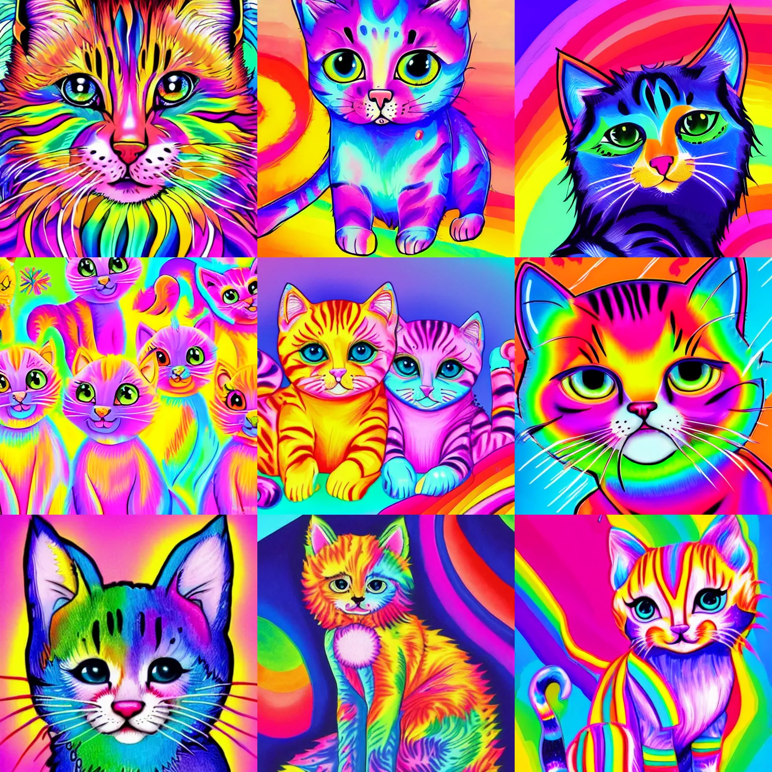 Prompt: Colorful kittens drawing in the style of Lisa Frank, vivid color, rainbow theme, ultra detailed, Artstation trending